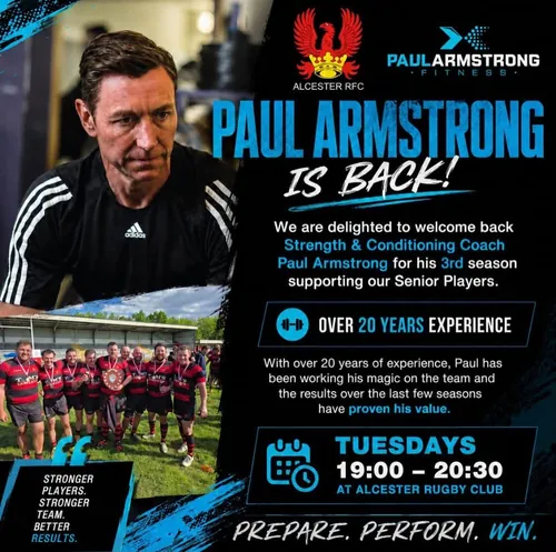 Alcester RFC announcement welcoming Paul Armstrong back as strength and conditioning coach